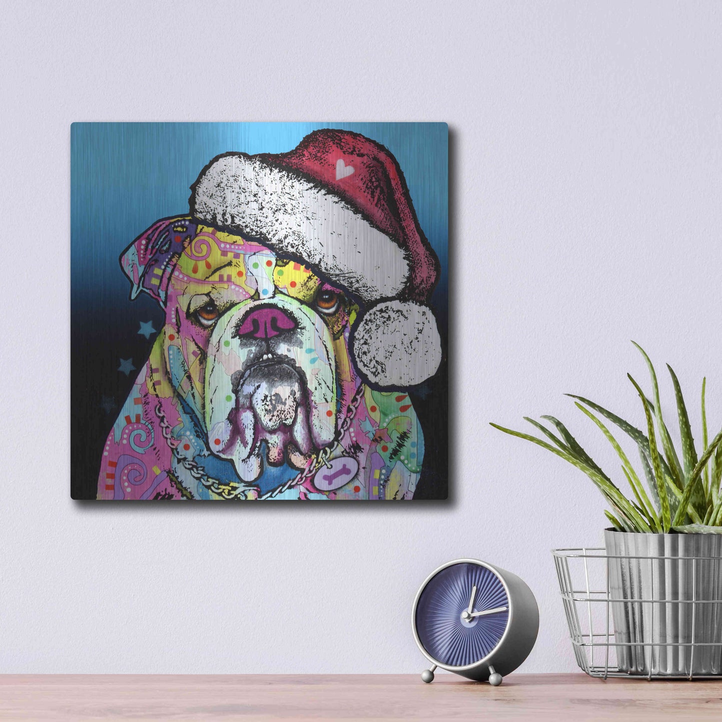 Luxe Metal Art 'The Bulldog Christmas' by Dean Russo, Metal Wall Art,12x12