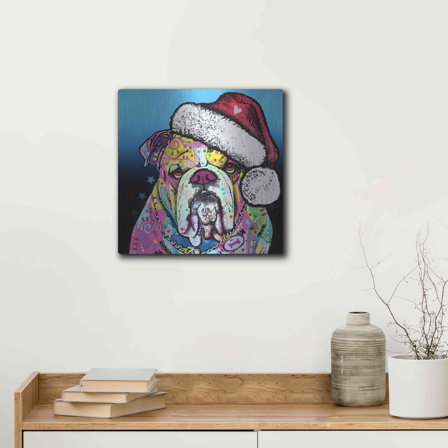 Luxe Metal Art 'The Bulldog Christmas' by Dean Russo, Metal Wall Art,12x12