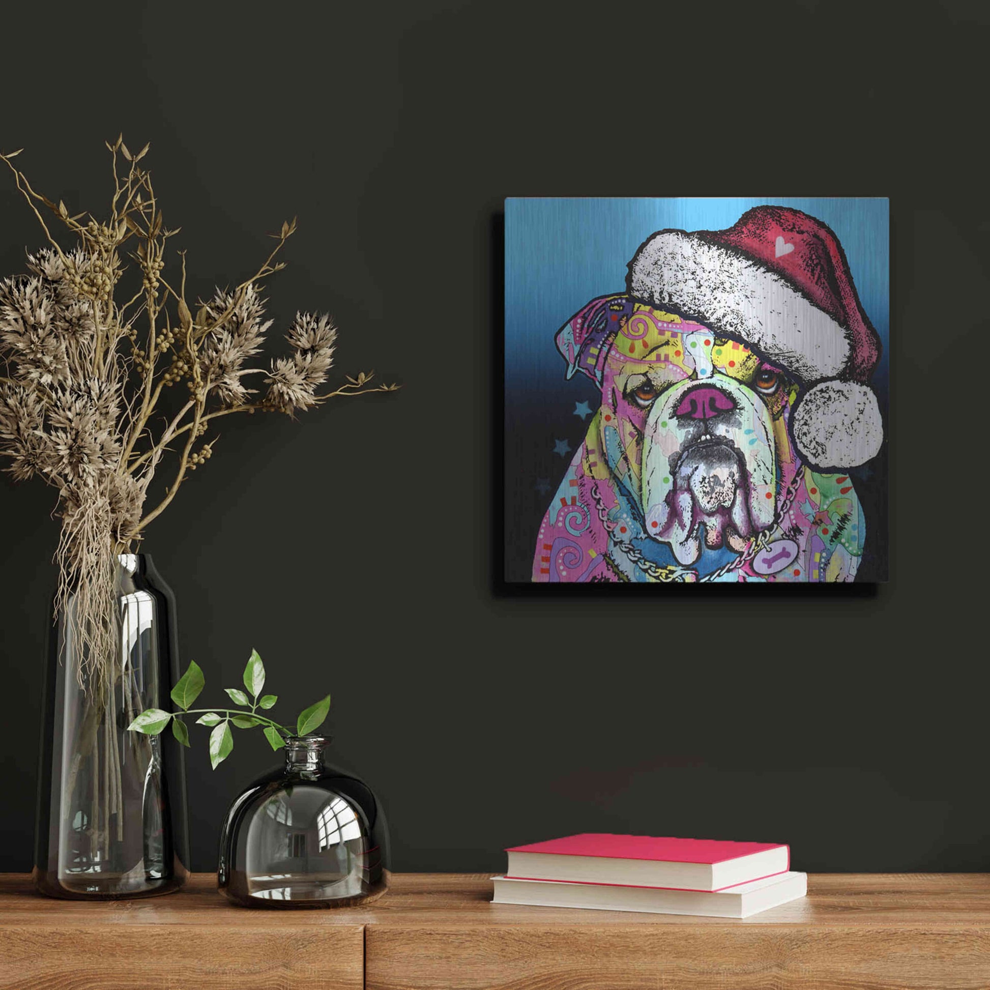 Luxe Metal Art 'The Bulldog Christmas' by Dean Russo, Metal Wall Art,12x12