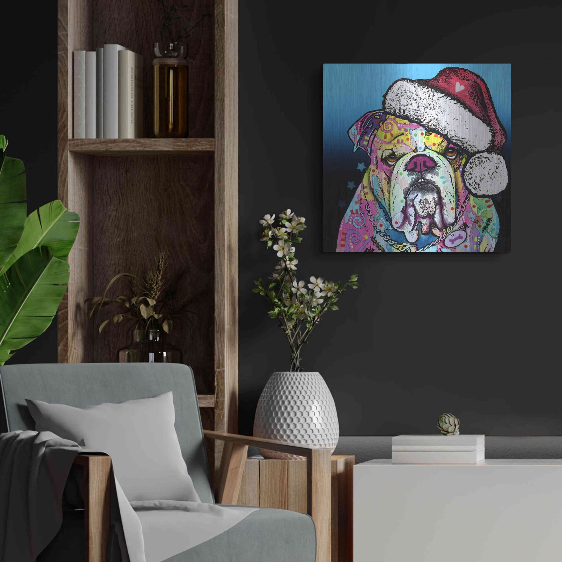 Luxe Metal Art 'The Bulldog Christmas' by Dean Russo, Metal Wall Art,24x24