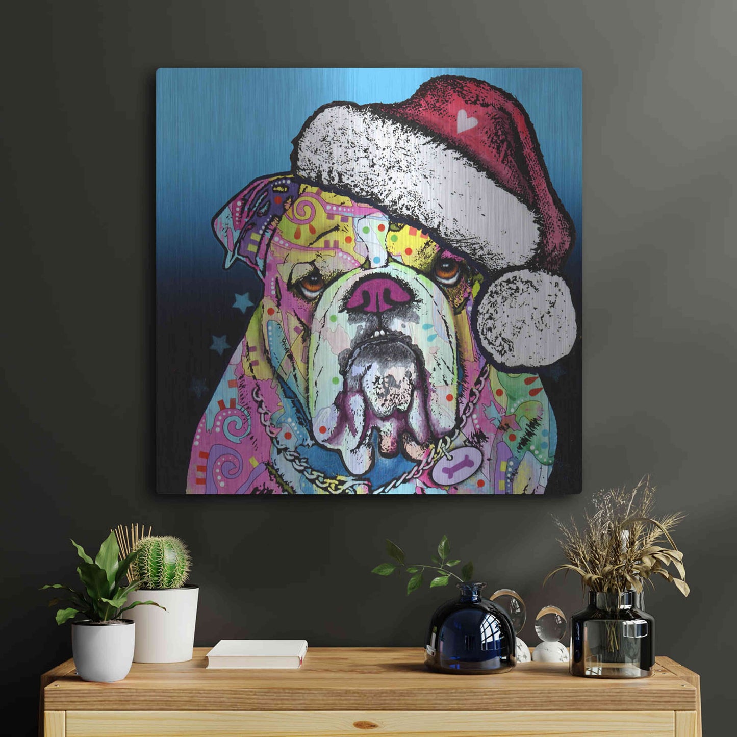 Luxe Metal Art 'The Bulldog Christmas' by Dean Russo, Metal Wall Art,24x24