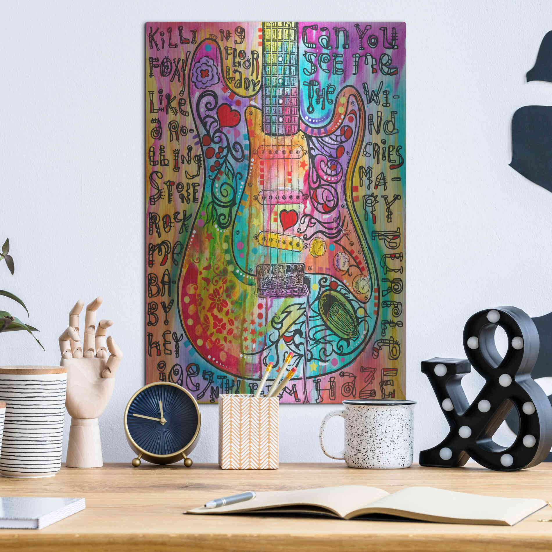 Luxe Metal Art 'Jimmies Guitar' by Dean Russo, Metal Wall Art,12x16