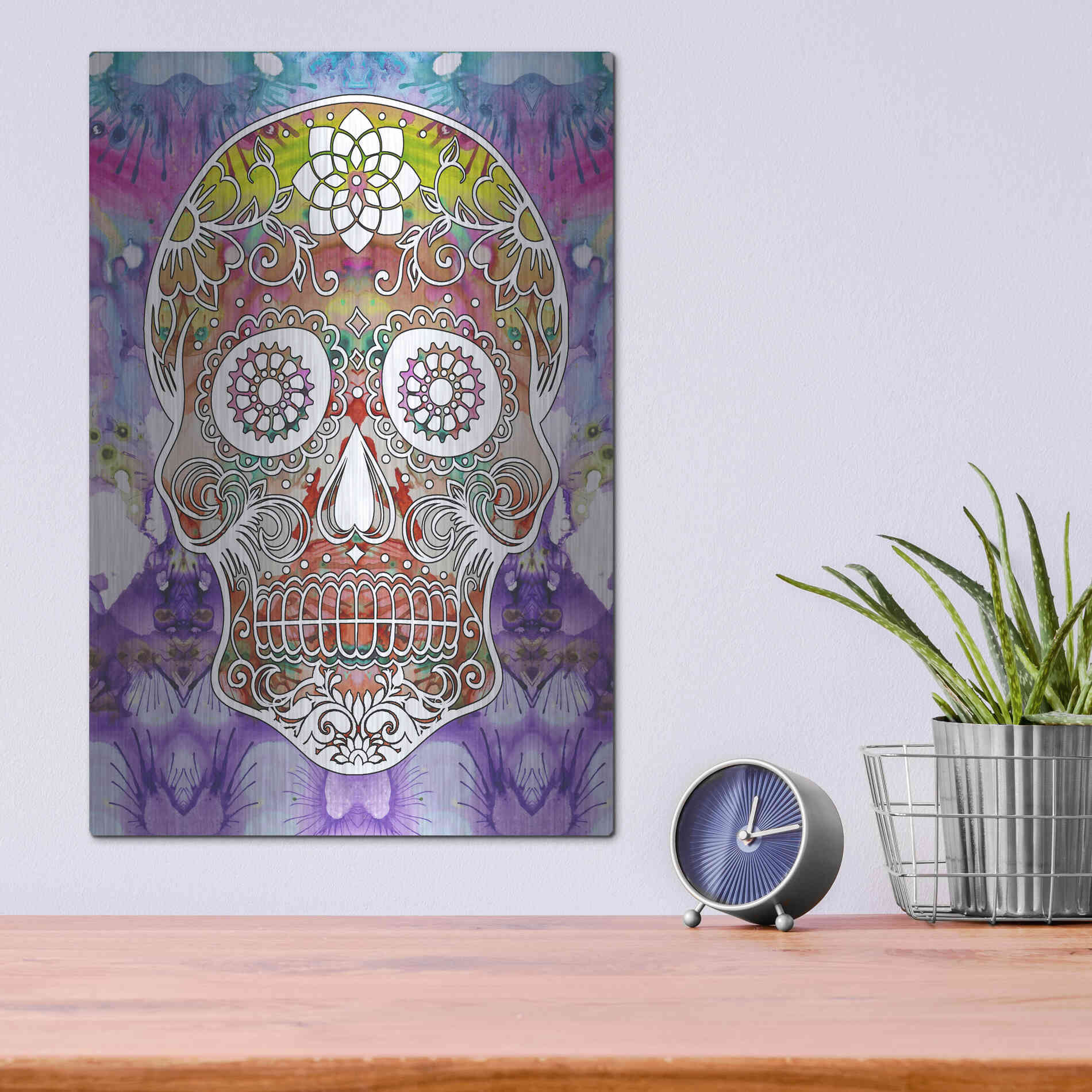 Luxe Metal Art 'Sugar Skull' by Dean Russo, Metal Wall Art,12x16