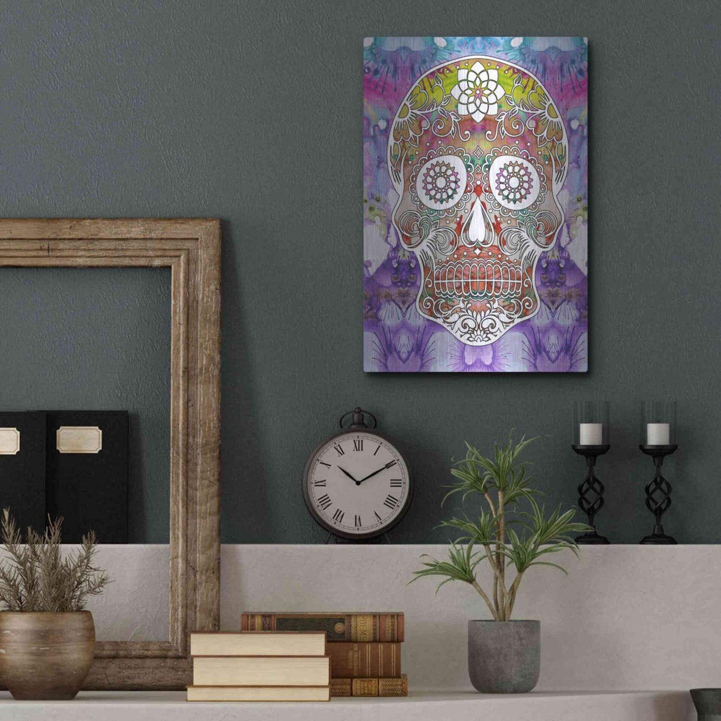 Luxe Metal Art 'Sugar Skull' by Dean Russo, Metal Wall Art,12x16