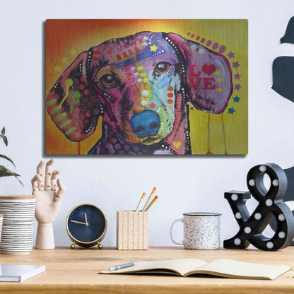 Luxe Metal Art 'Tilt Dachshund Love' by Dean Russo, Metal Wall Art,16x12