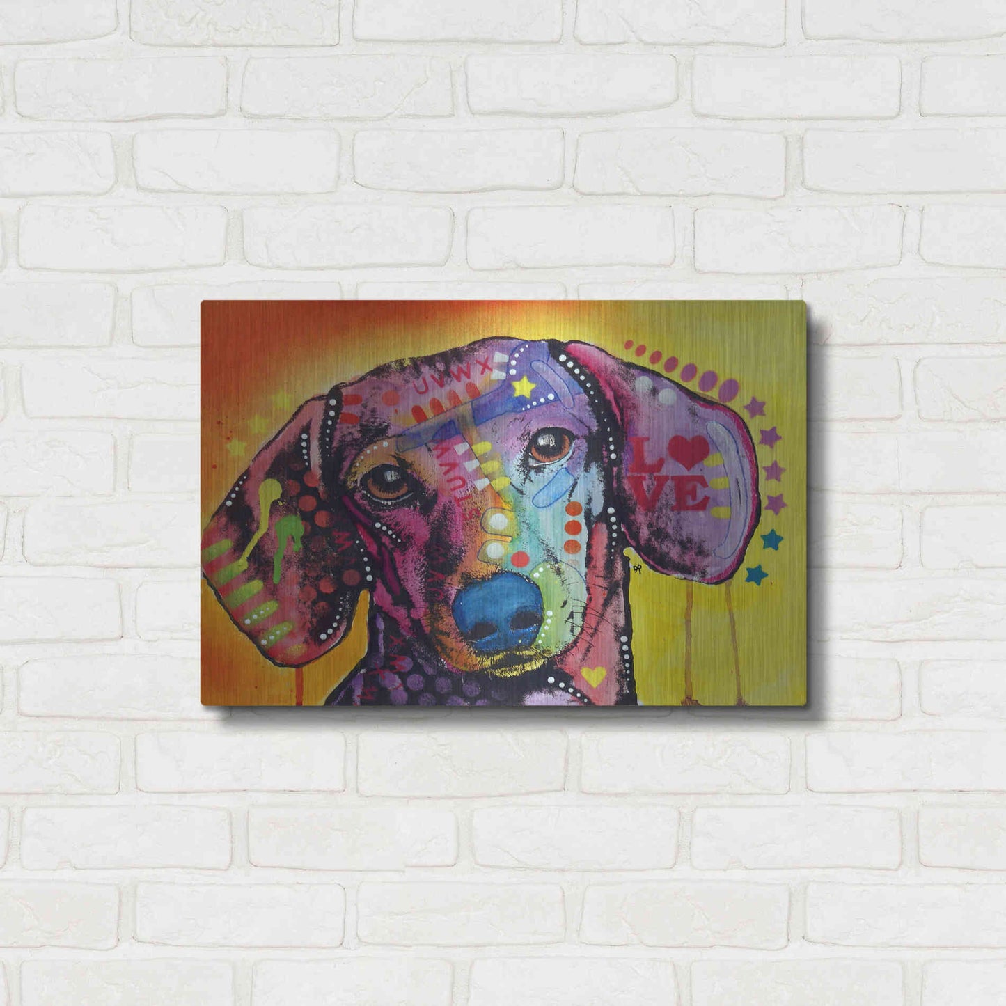 Luxe Metal Art 'Tilt Dachshund Love' by Dean Russo, Metal Wall Art,24x16