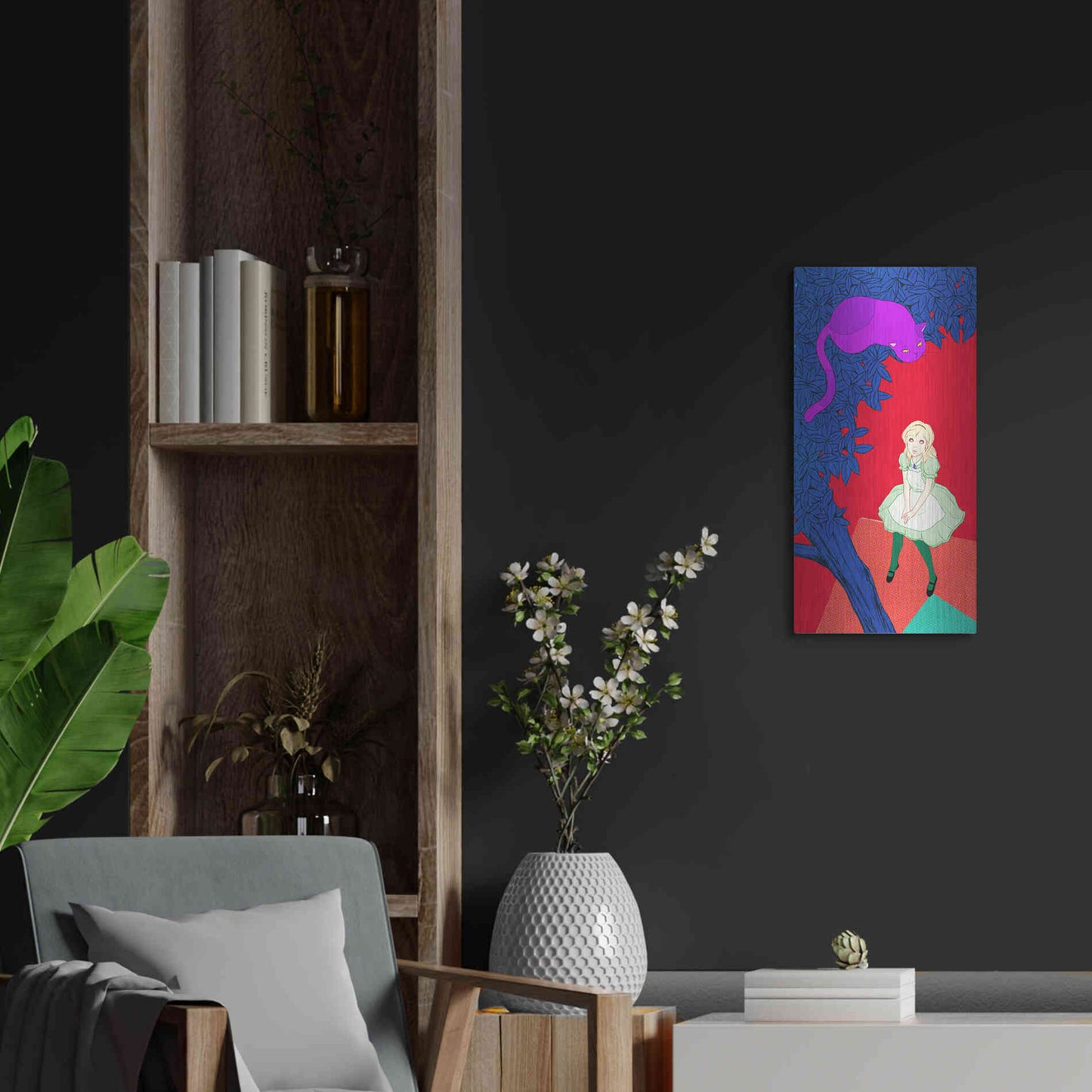 Luxe Metal Art 'Alice and Cheshire Cat' by Sai Tamiya, Metal Wall Art,12x24