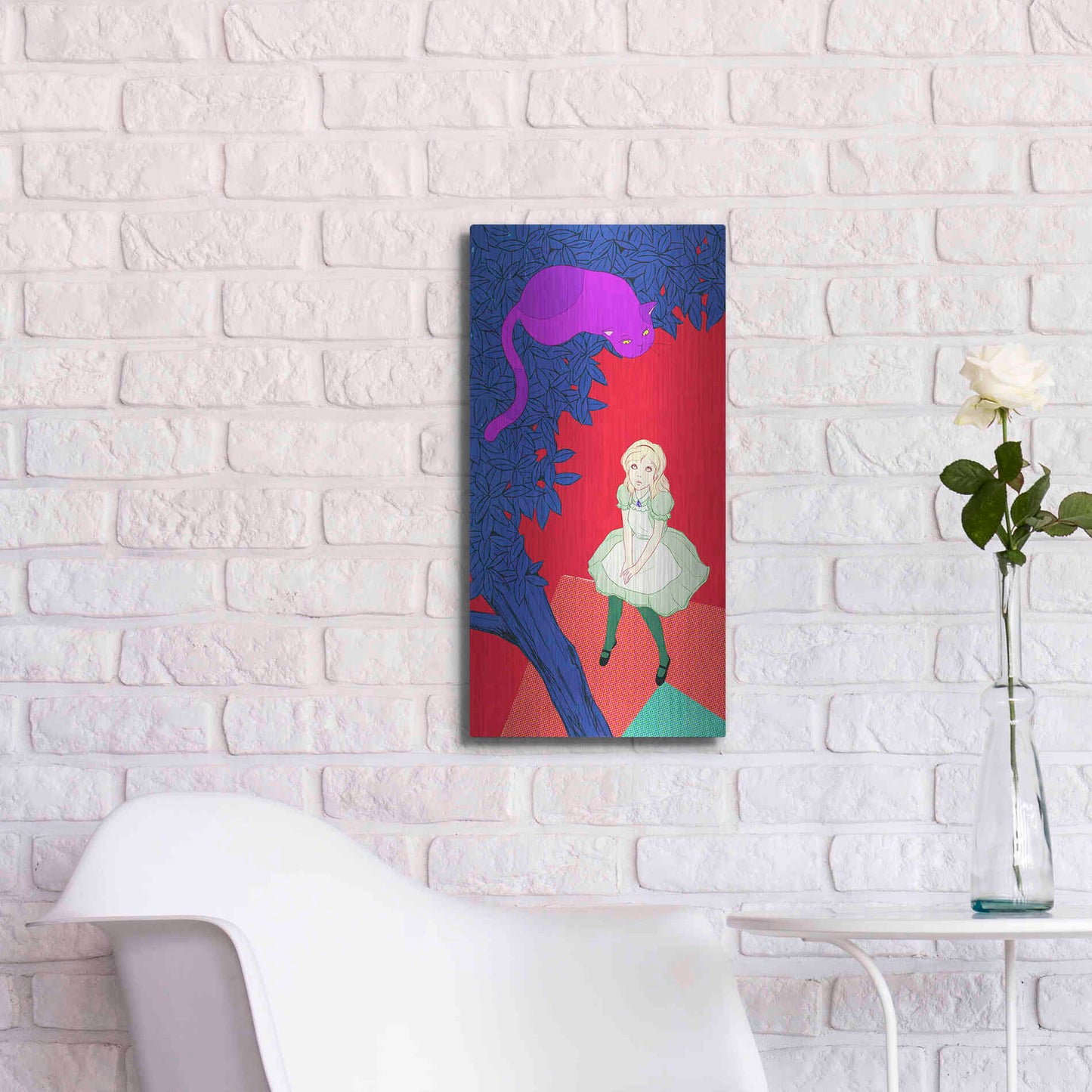 Luxe Metal Art 'Alice and Cheshire Cat' by Sai Tamiya, Metal Wall Art,12x24