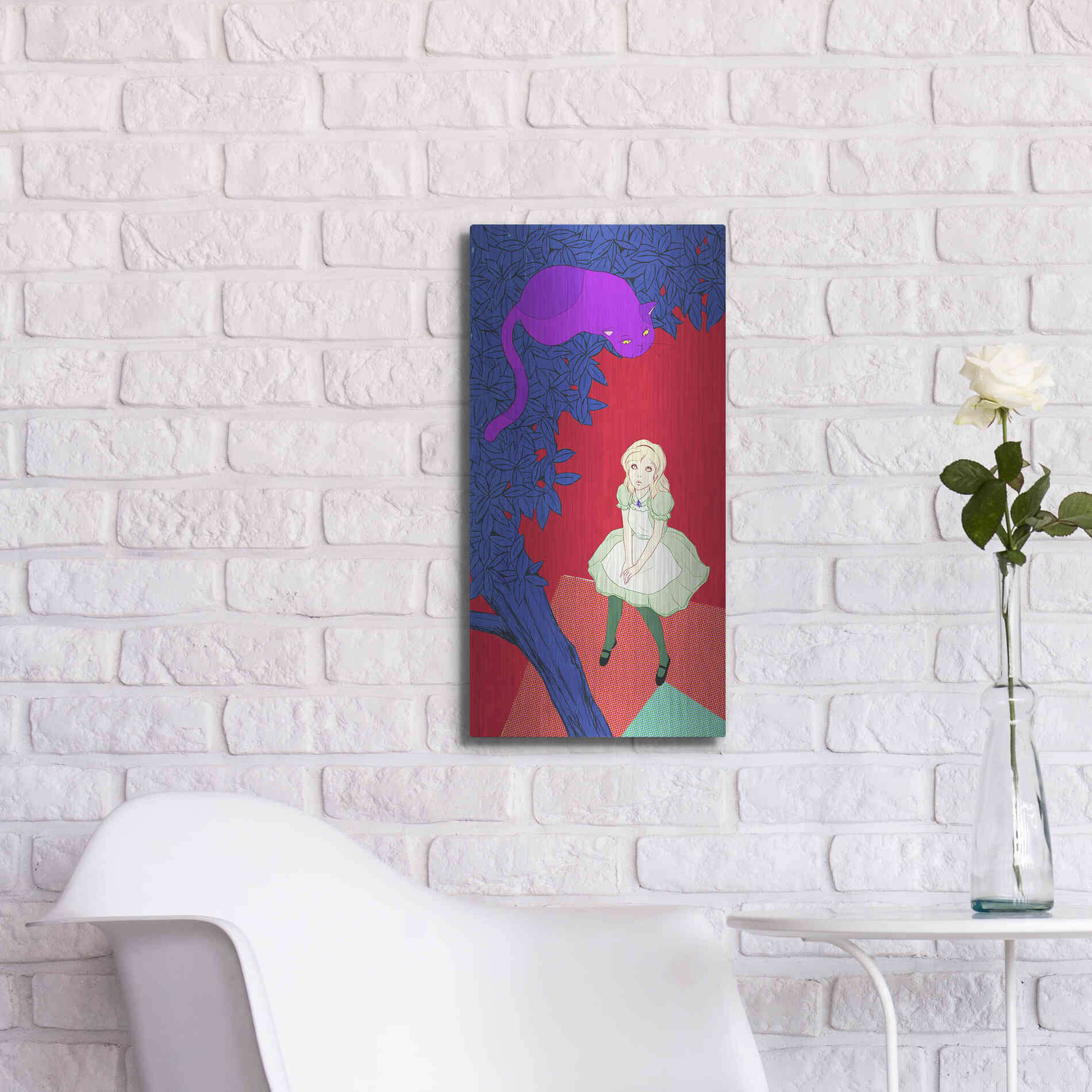 Luxe Metal Art 'Alice and Cheshire Cat' by Sai Tamiya, Metal Wall Art,12x24