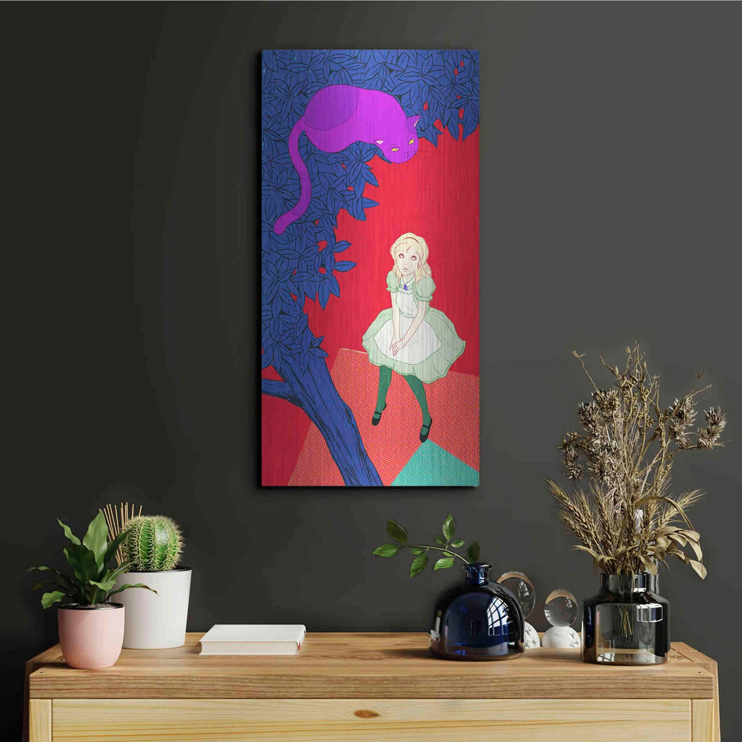 Luxe Metal Art 'Alice and Cheshire Cat' by Sai Tamiya, Metal Wall Art,12x24