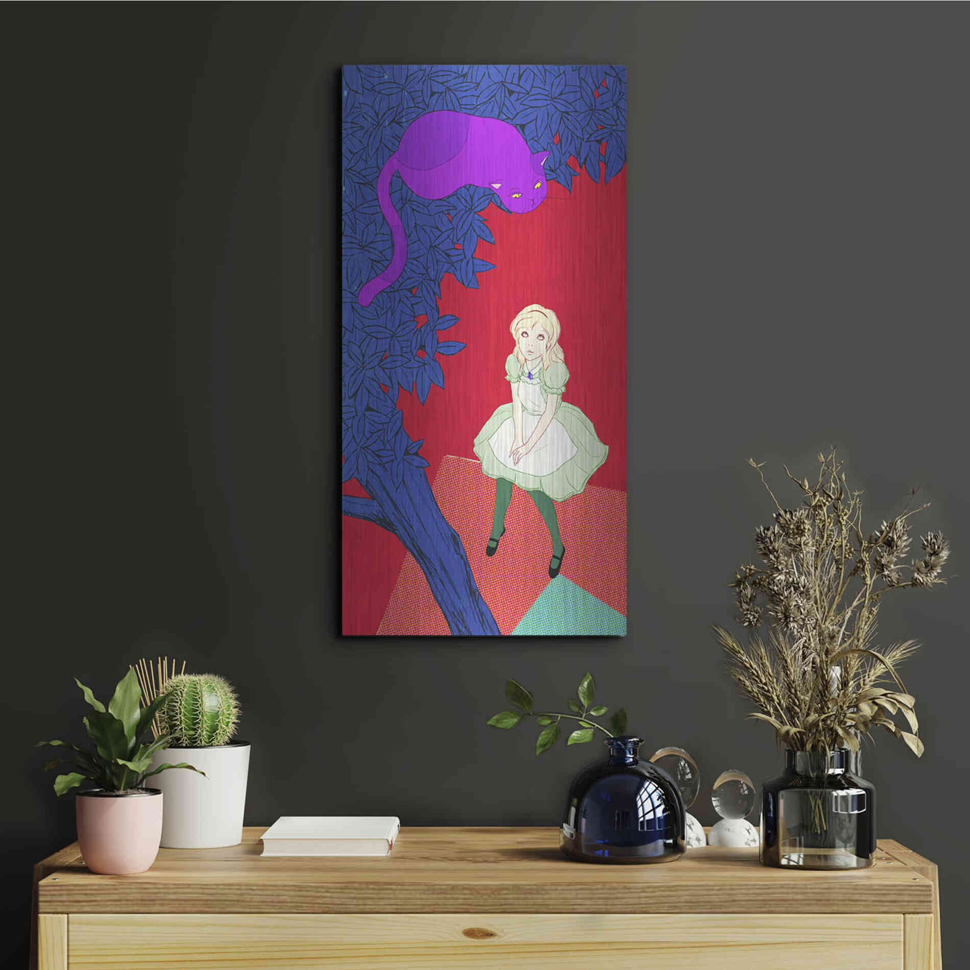Luxe Metal Art 'Alice and Cheshire Cat' by Sai Tamiya, Metal Wall Art,12x24