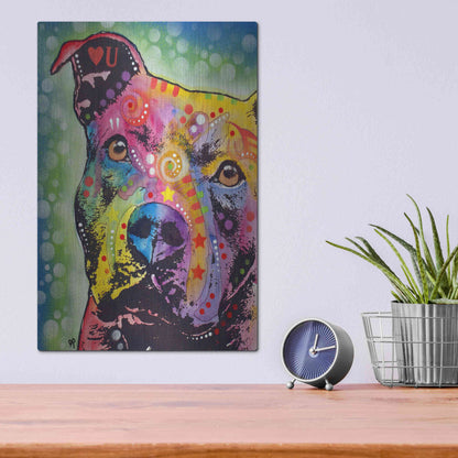 Luxe Metal Art 'Thoughtful Pit Bull White Bubble' by Dean Russo, Metal Wall Art,12x16