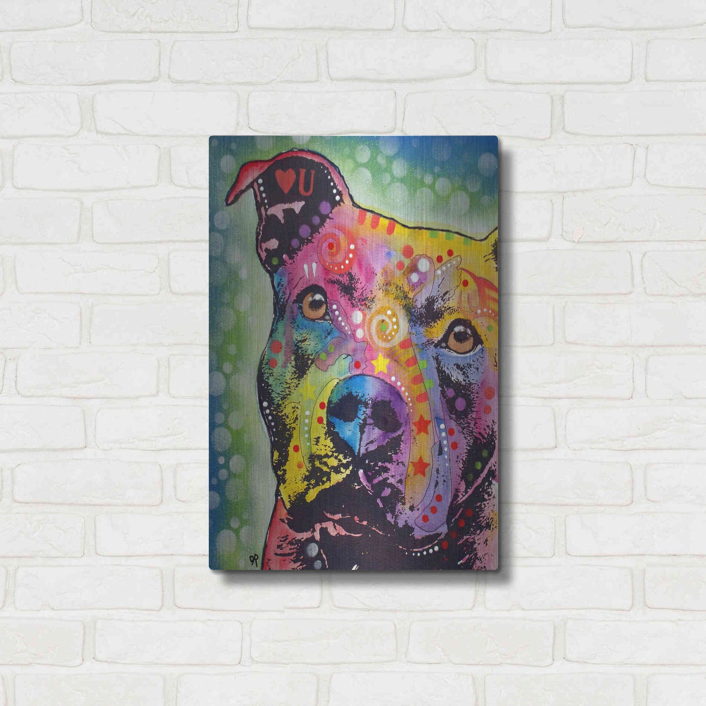 Luxe Metal Art 'Thoughtful Pit Bull White Bubble' by Dean Russo, Metal Wall Art,16x24