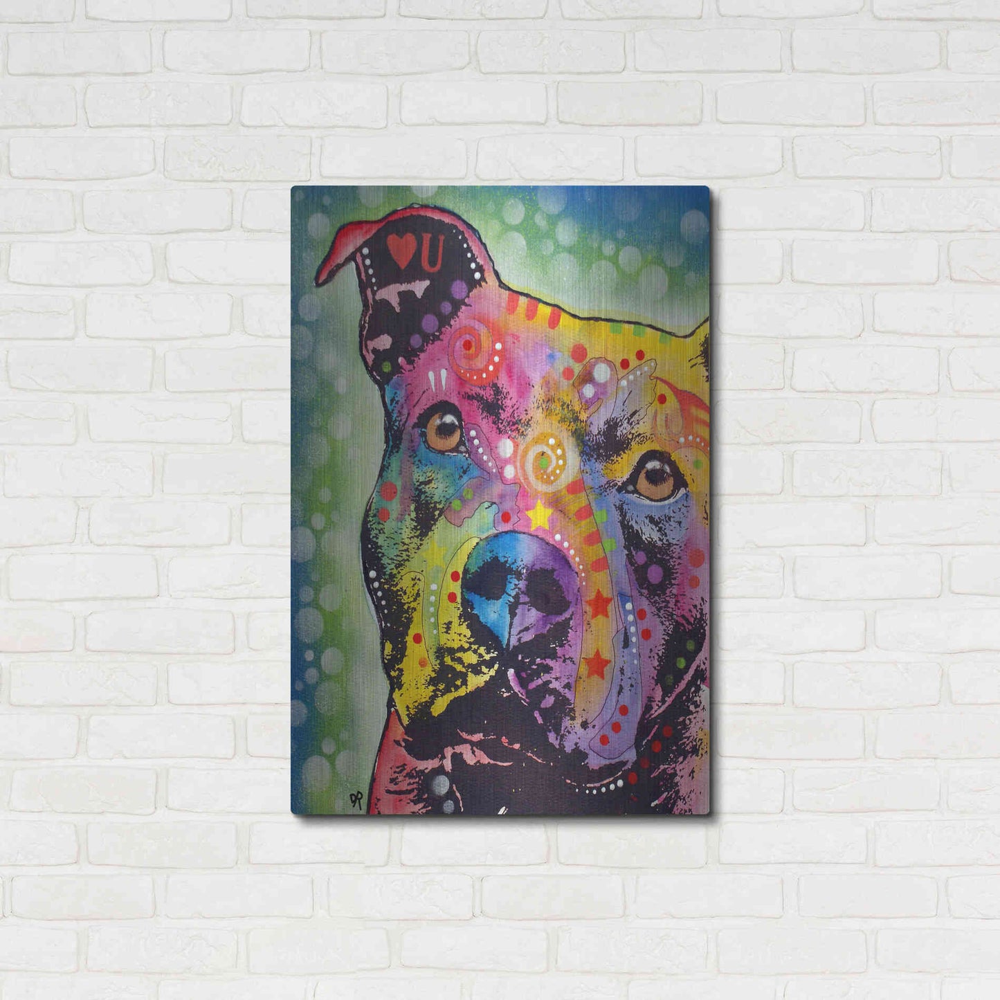 Luxe Metal Art 'Thoughtful Pit Bull White Bubble' by Dean Russo, Metal Wall Art,24x36