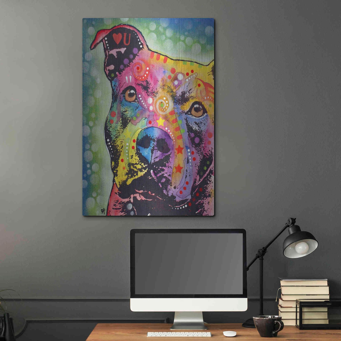 Luxe Metal Art 'Thoughtful Pit Bull White Bubble' by Dean Russo, Metal Wall Art,24x36