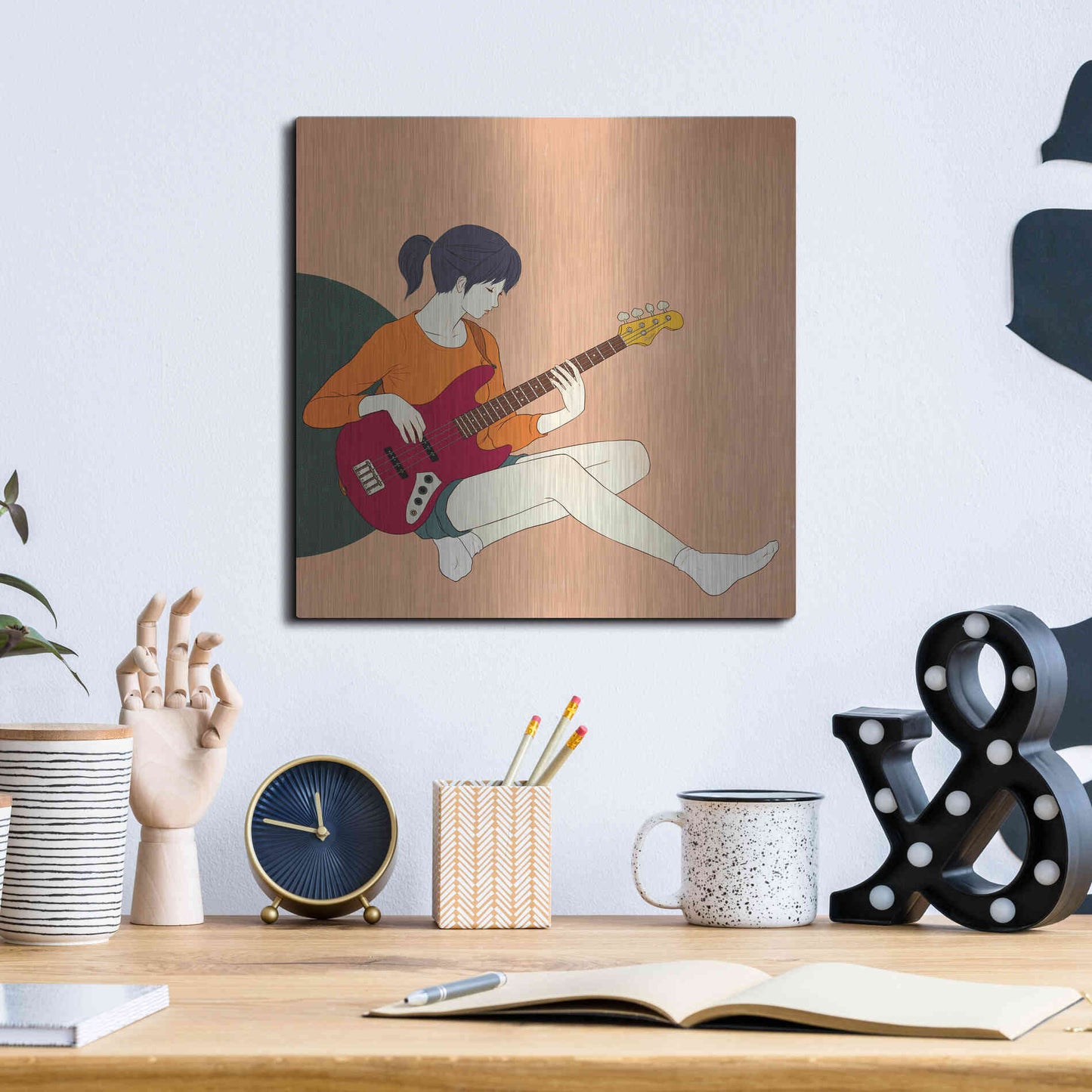 Luxe Metal Art 'Playing The Bass' by Sai Tamiya, Metal Wall Art,12x12