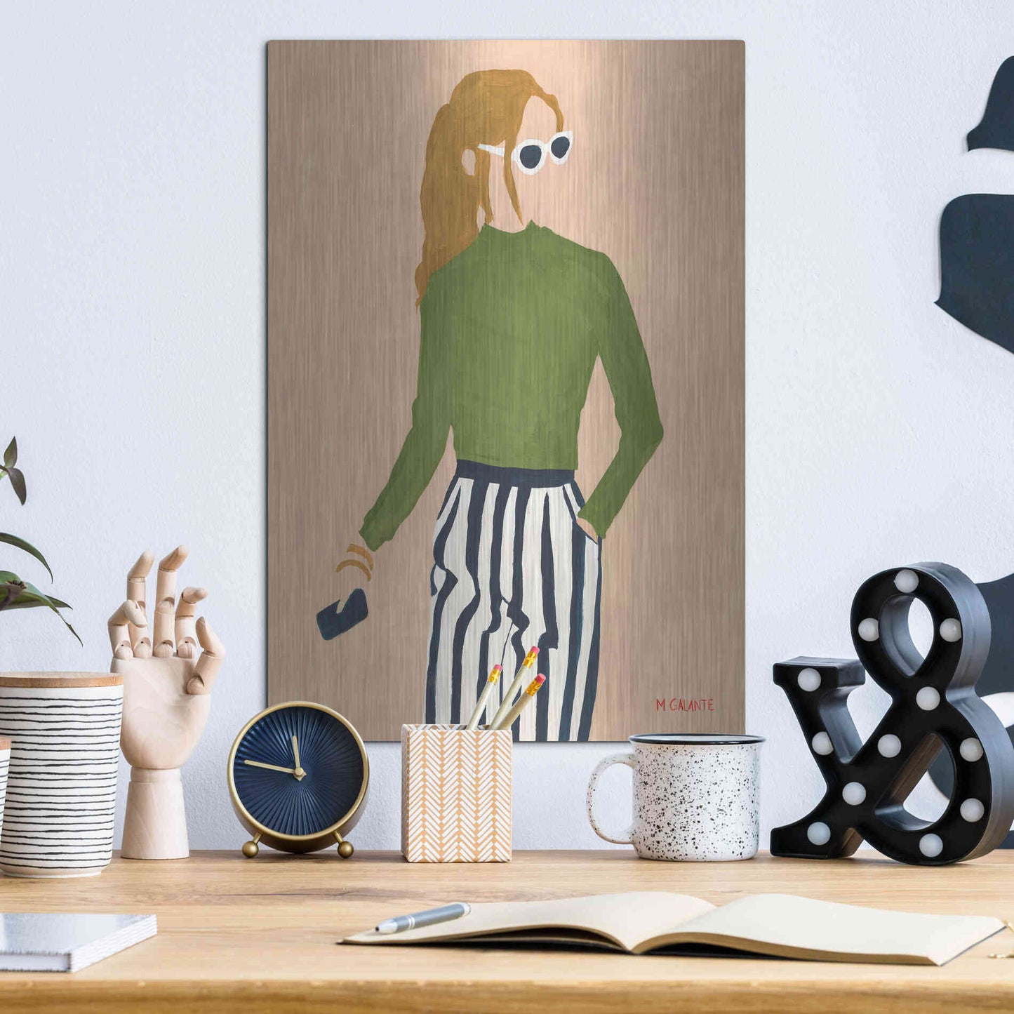 Luxe Metal Art 'Green Mockneck' by Megan Galante, Metal Wall Art,12x16