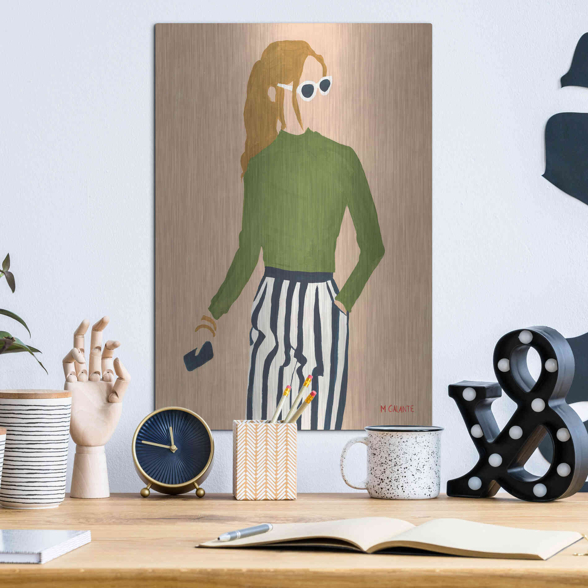 Luxe Metal Art 'Green Mockneck' by Megan Galante, Metal Wall Art,12x16