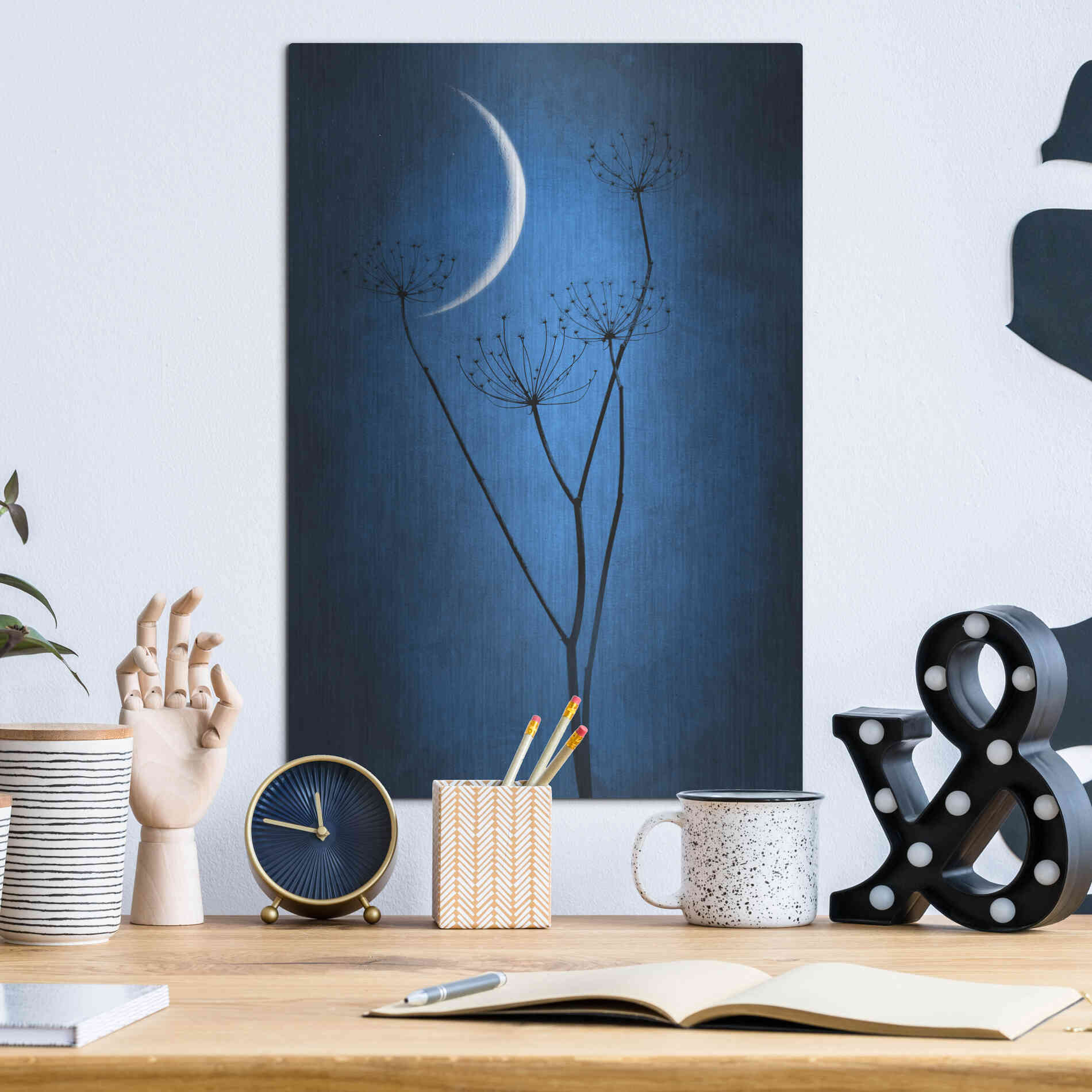 Luxe Metal Art 'Blue Crescent Moon' by Philippe Sainte-Laudy, Metal Wall Art,12x16