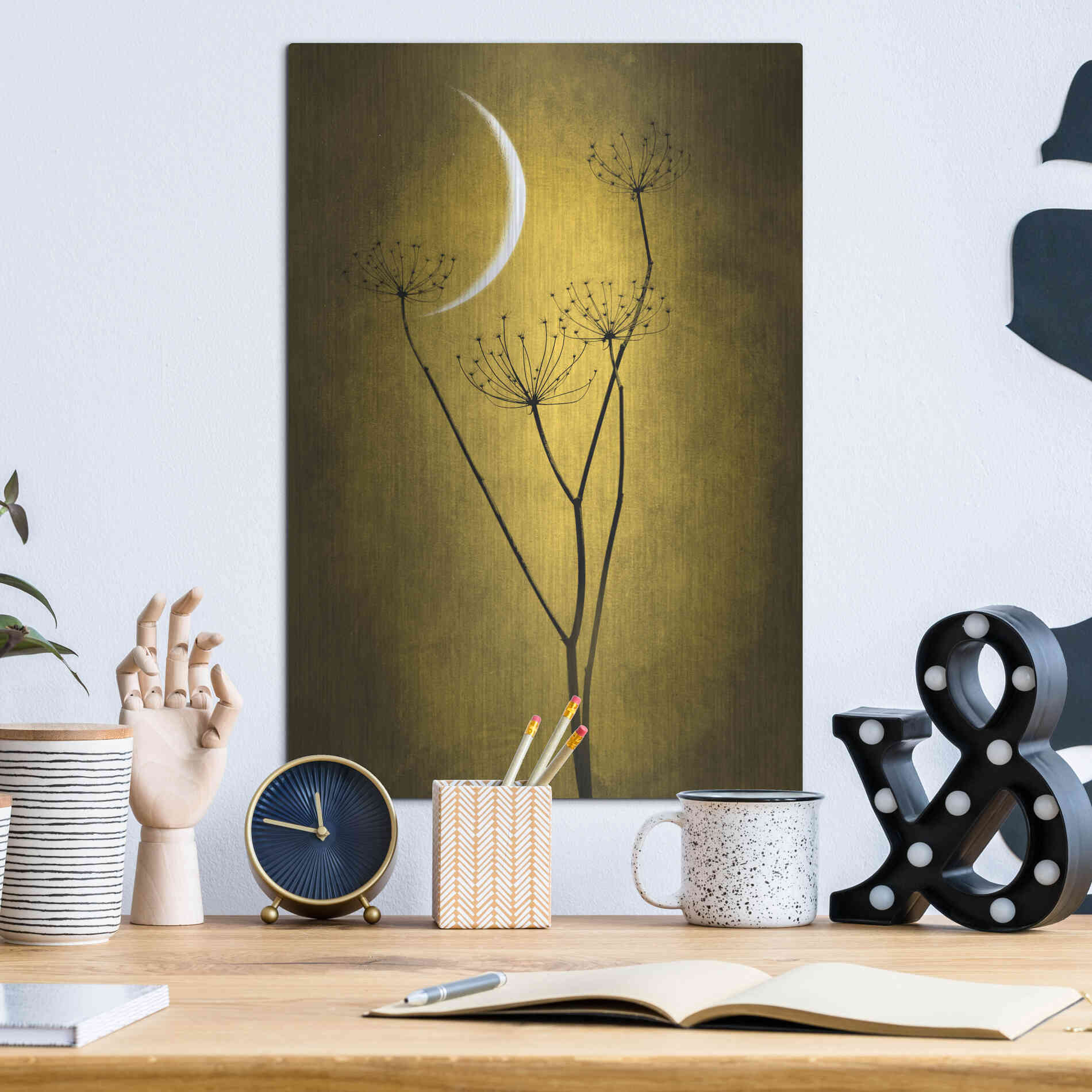 Luxe Metal Art 'Yellow Crescent Moon' by Philippe Sainte-Laudy, Metal Wall Art,12x16