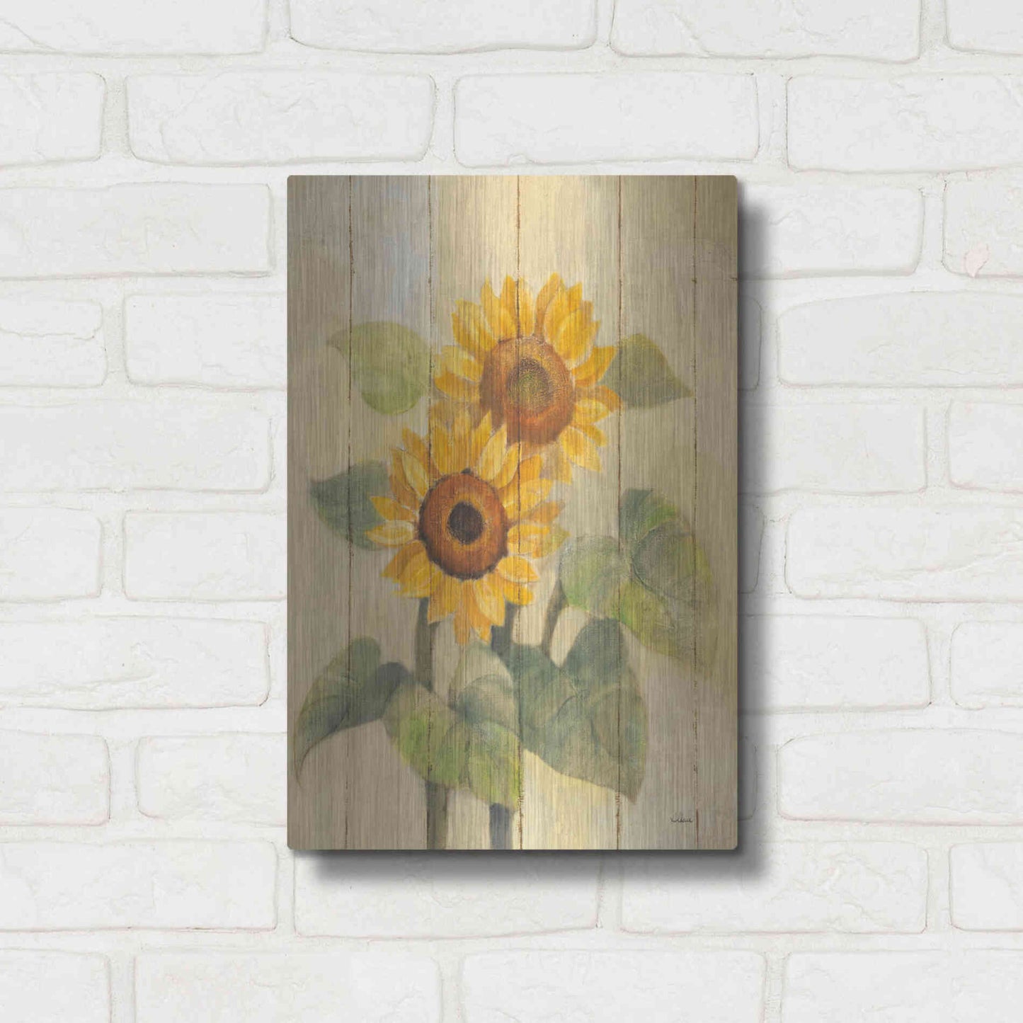 Luxe Metal Art 'Summer Sunflowers I on Barn Board' by Albena Hristova, Metal Wall Art,12x16