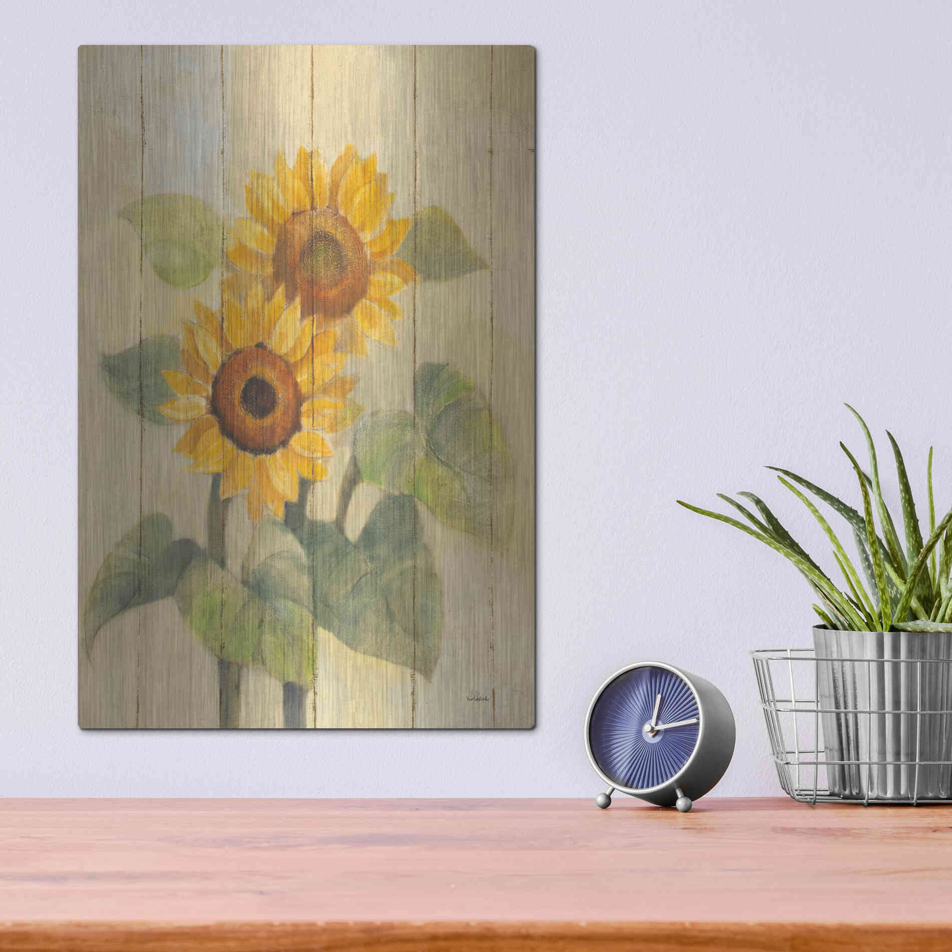 Luxe Metal Art 'Summer Sunflowers I on Barn Board' by Albena Hristova, Metal Wall Art,12x16