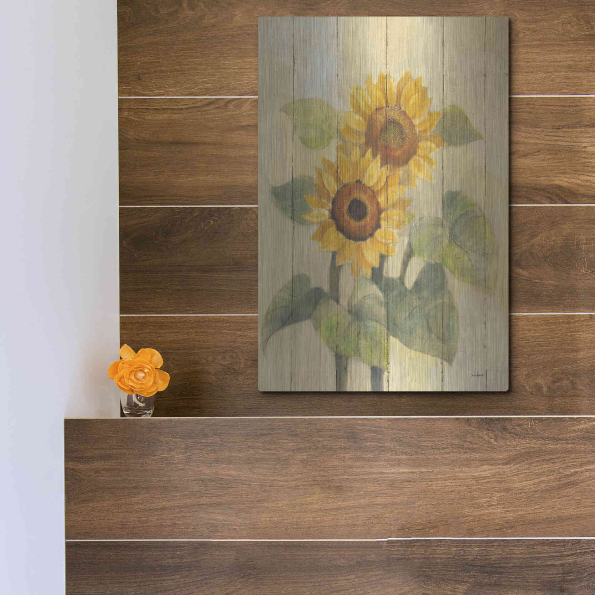 Luxe Metal Art 'Summer Sunflowers I on Barn Board' by Albena Hristova, Metal Wall Art,12x16