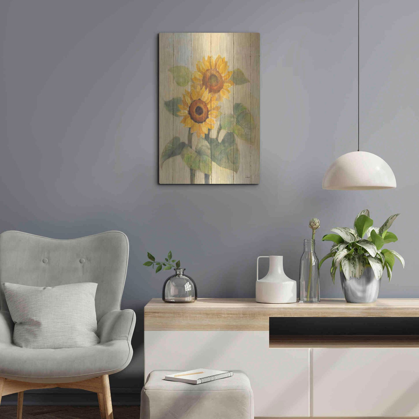 Luxe Metal Art 'Summer Sunflowers I on Barn Board' by Albena Hristova, Metal Wall Art,16x24