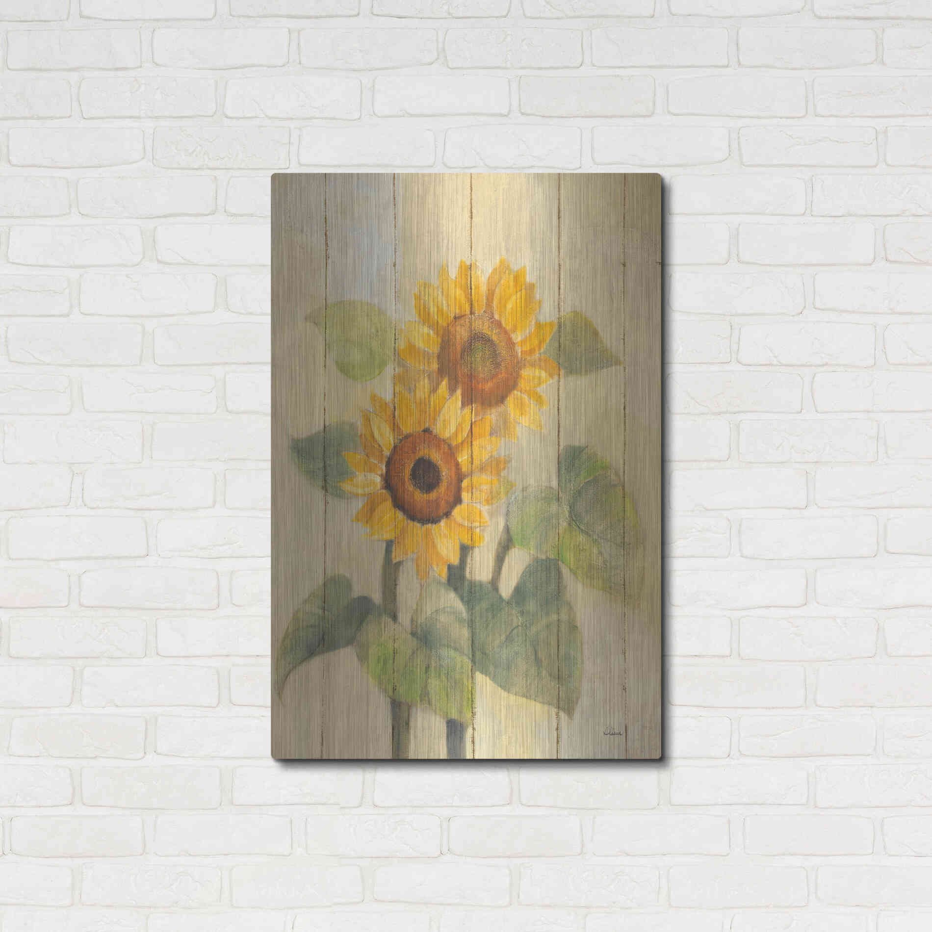 Luxe Metal Art 'Summer Sunflowers I on Barn Board' by Albena Hristova, Metal Wall Art,24x36