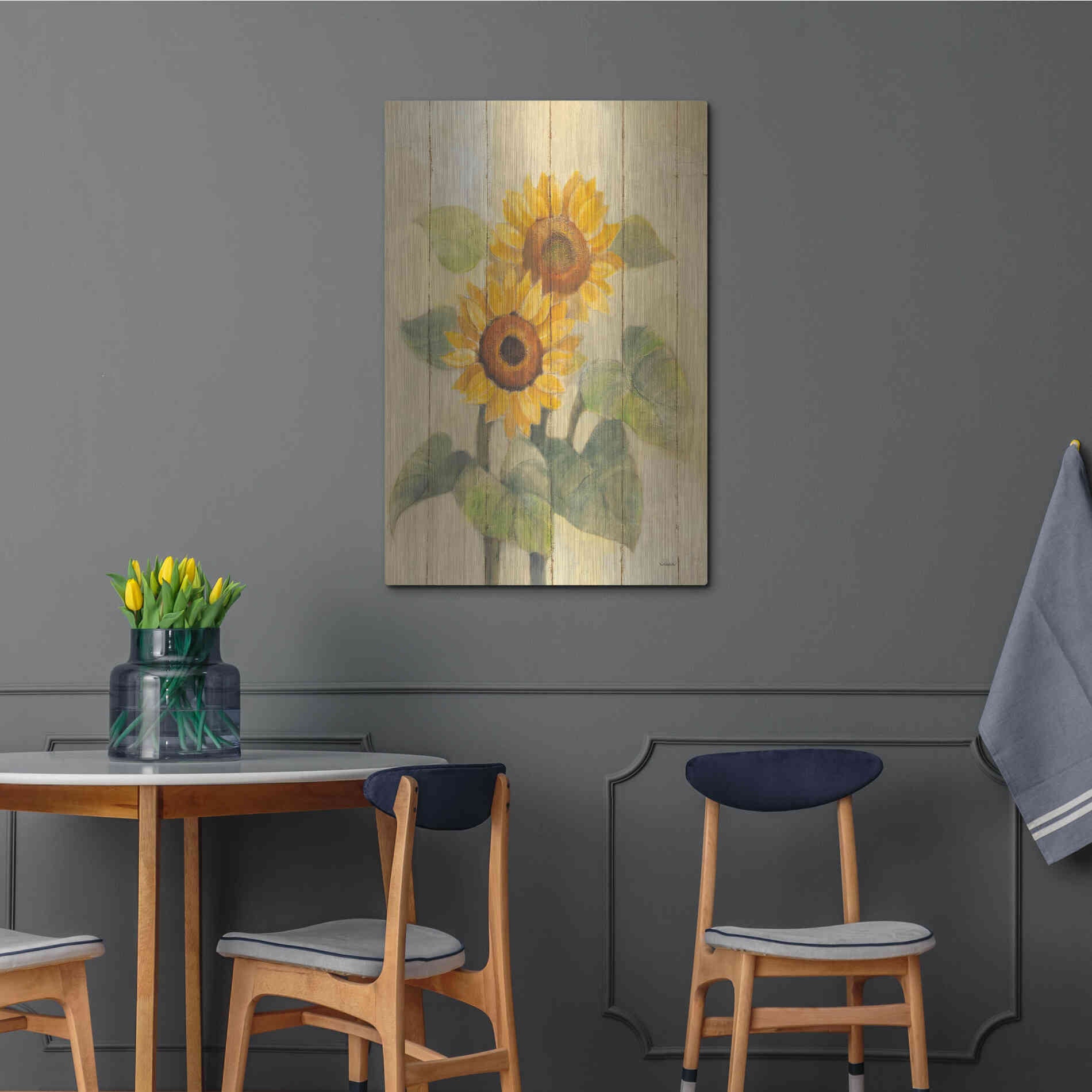 Luxe Metal Art 'Summer Sunflowers I on Barn Board' by Albena Hristova, Metal Wall Art,24x36