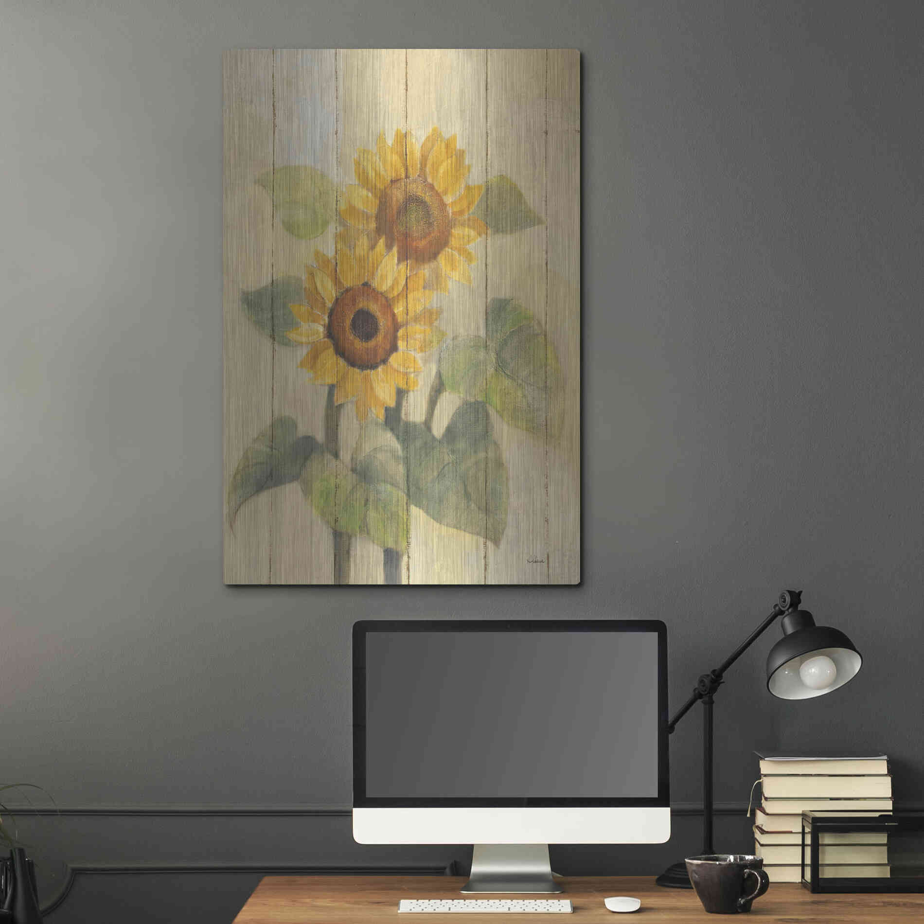 Luxe Metal Art 'Summer Sunflowers I on Barn Board' by Albena Hristova, Metal Wall Art,24x36