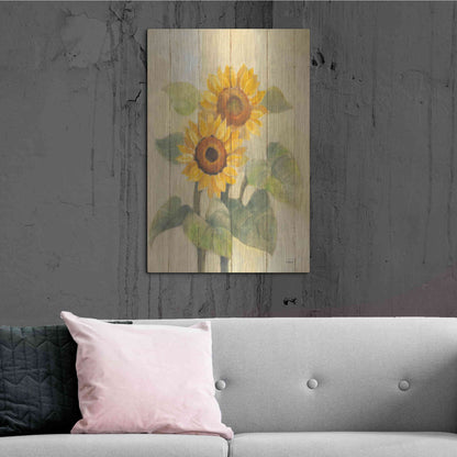 Luxe Metal Art 'Summer Sunflowers I on Barn Board' by Albena Hristova, Metal Wall Art,24x36