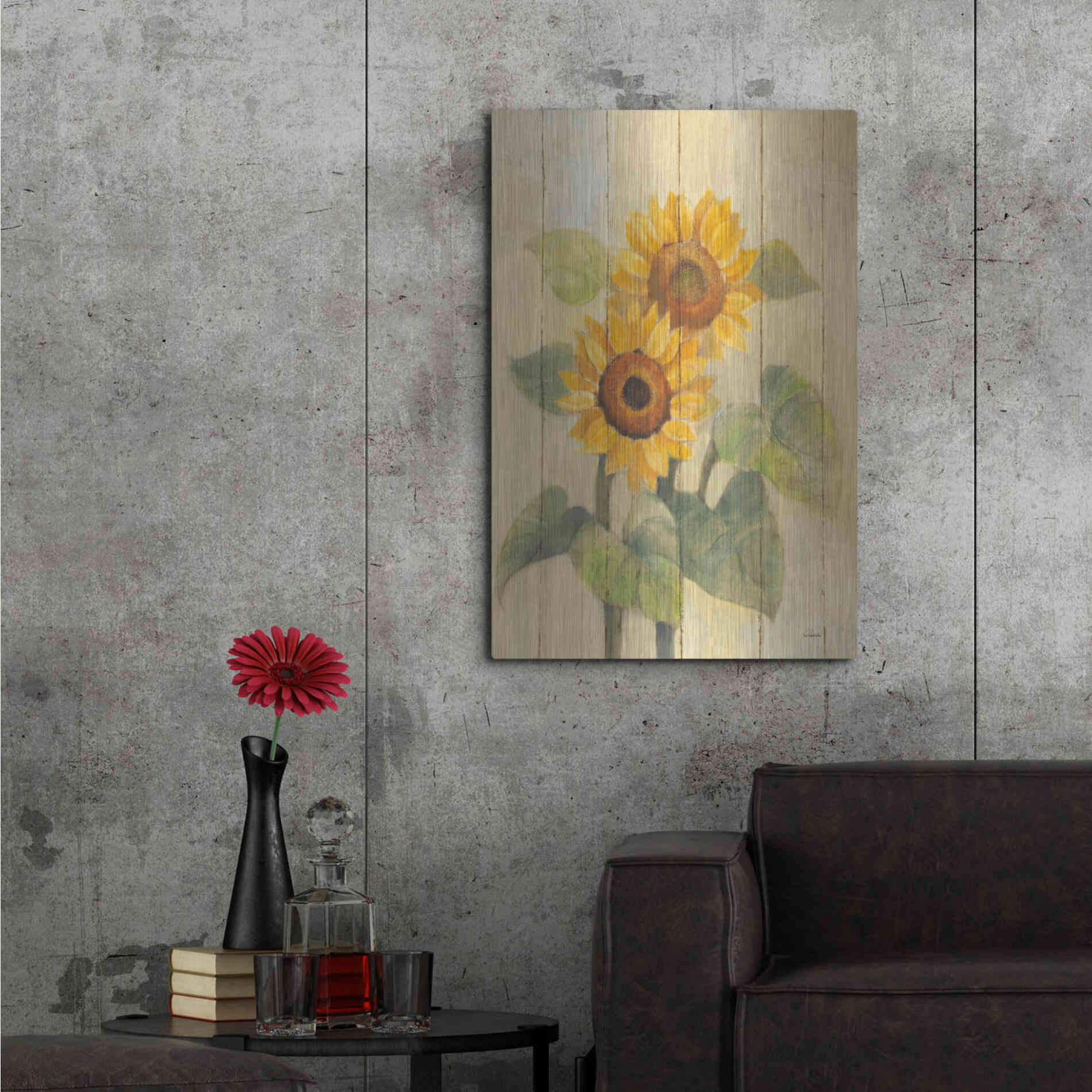 Luxe Metal Art 'Summer Sunflowers I on Barn Board' by Albena Hristova, Metal Wall Art,24x36