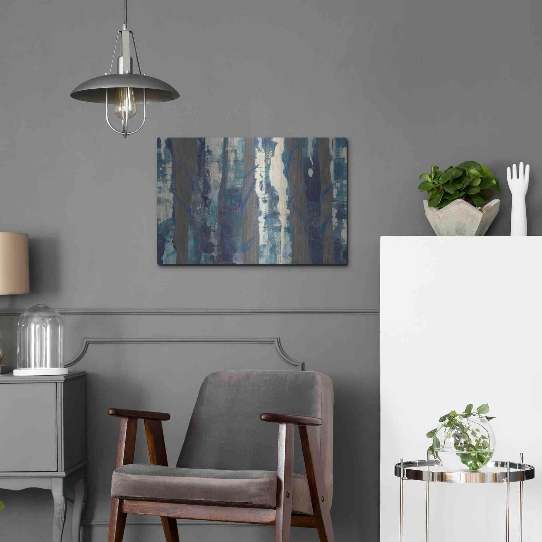 Luxe Metal Art 'Deep Woods III Indigo on Gray' by Albena Hristova, Metal Wall Art,24x16