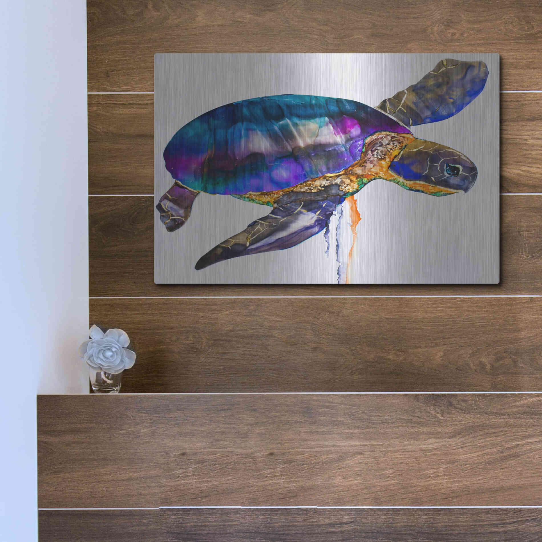 Luxe Metal Art 'Sea turtle' by Leslie Franklin, Metal Wall Art,16x12