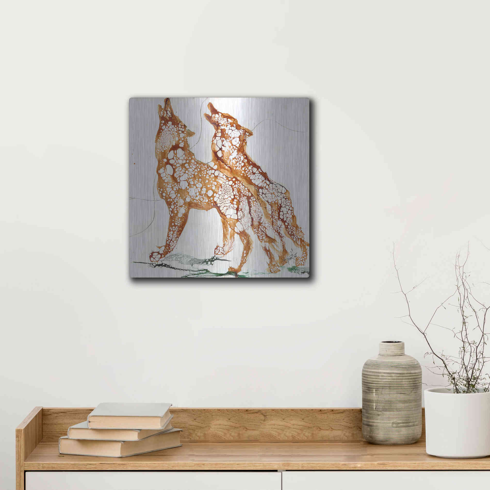 Luxe Metal Art 'Cellular Wolves2' by Leslie Franklin, Metal Wall Art,12x12