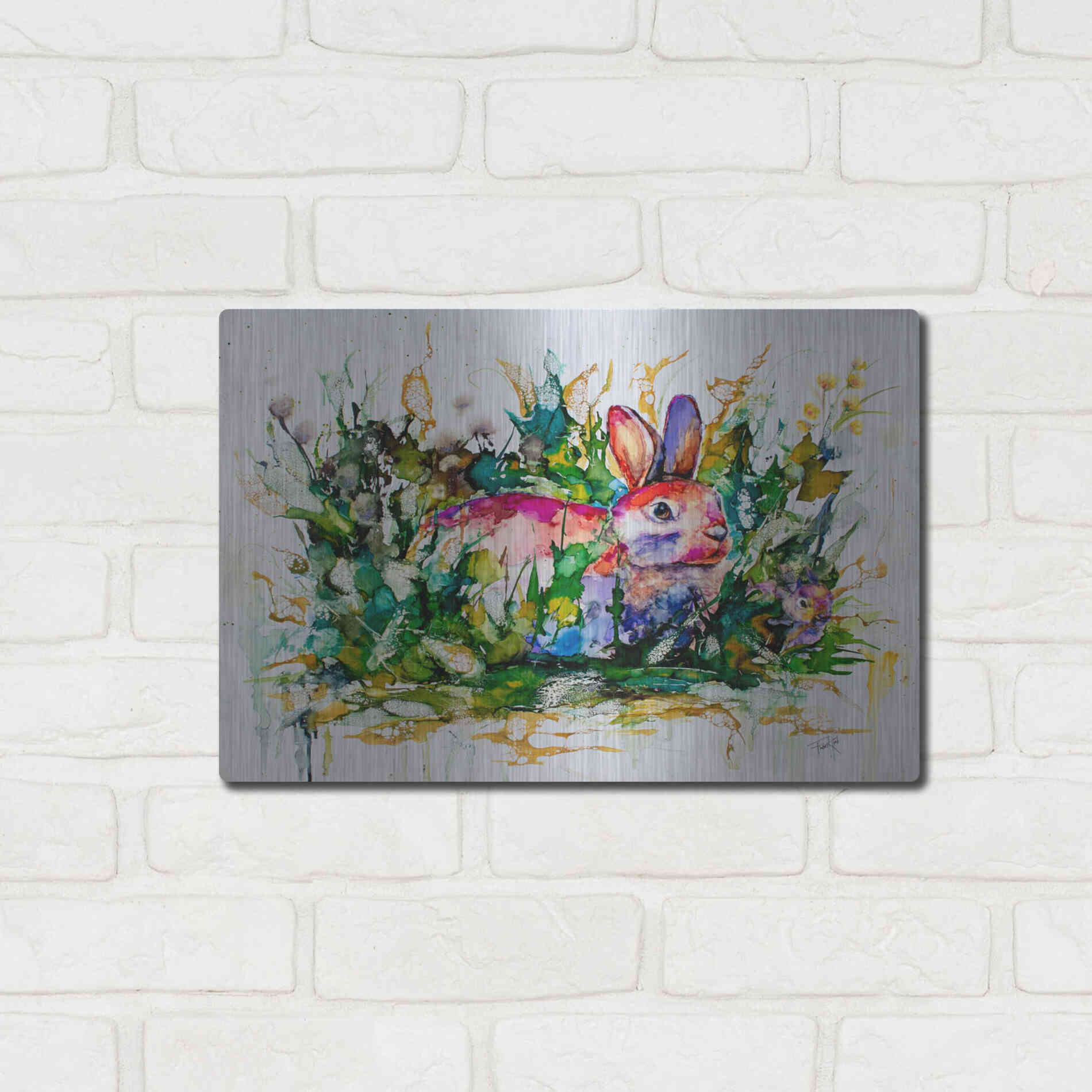 Luxe Metal Art 'Some Bunny's Hiding' by Leslie Franklin, Metal Wall Art,16x12