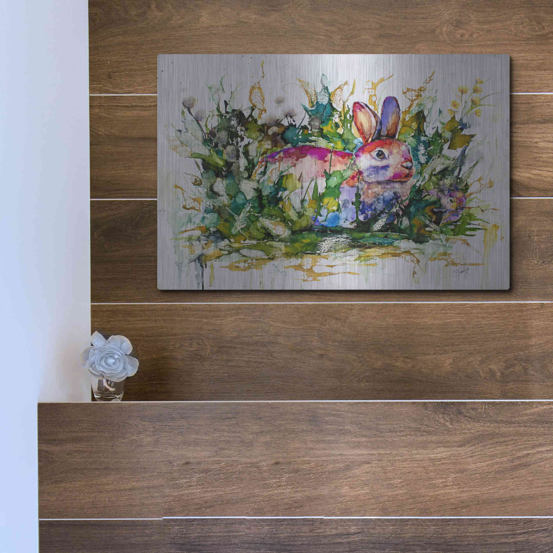 Luxe Metal Art 'Some Bunny's Hiding' by Leslie Franklin, Metal Wall Art,16x12