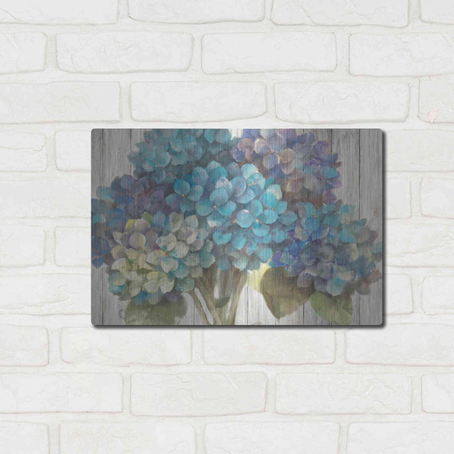 Luxe Metal Art 'Turquoise Hydrangea on Barn Board' by Albena Hristova, Metal Wall Art,16x12