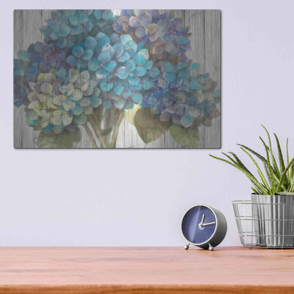 Luxe Metal Art 'Turquoise Hydrangea on Barn Board' by Albena Hristova, Metal Wall Art,16x12