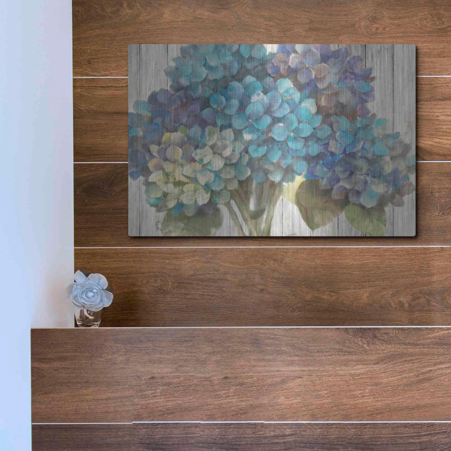 Luxe Metal Art 'Turquoise Hydrangea on Barn Board' by Albena Hristova, Metal Wall Art,16x12