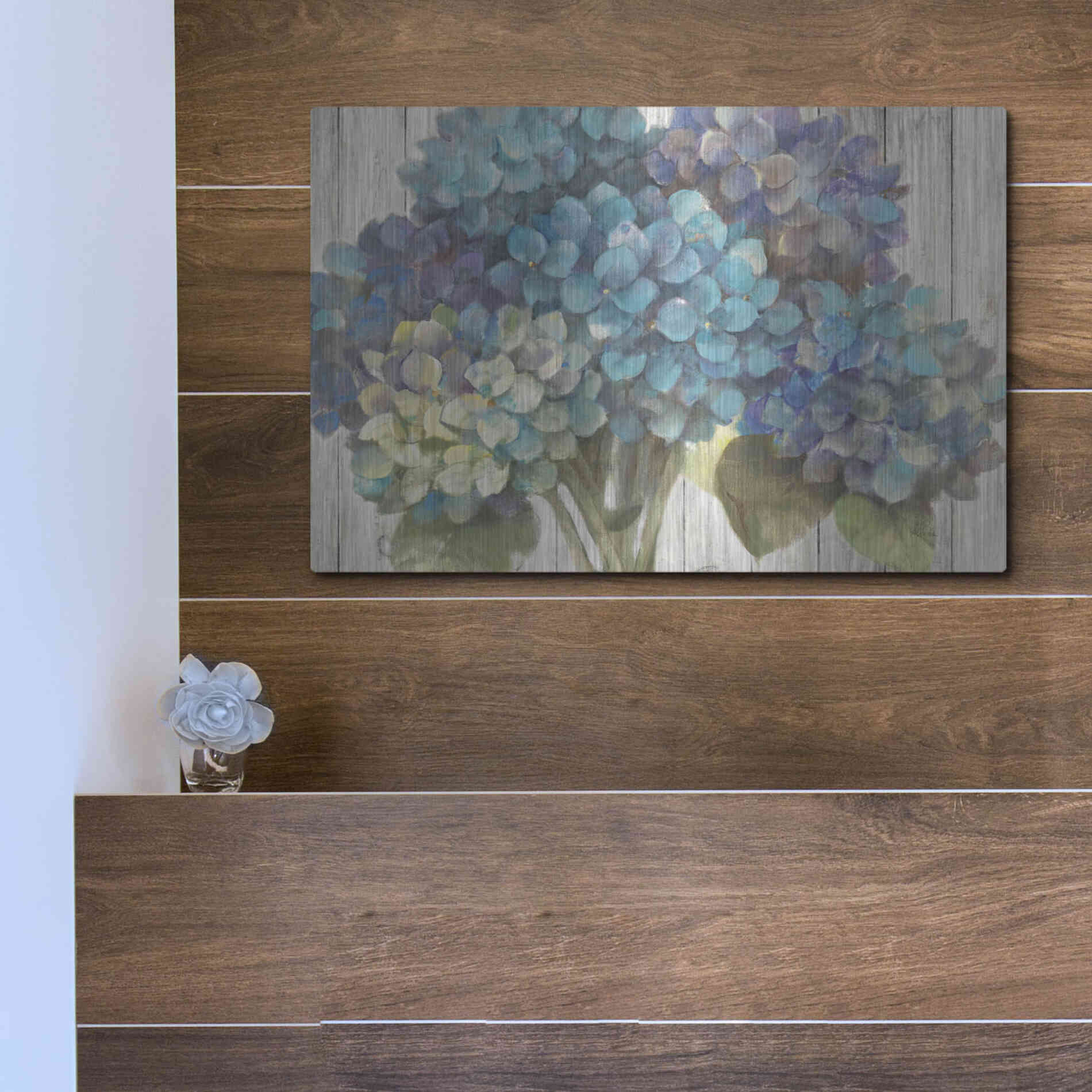 Luxe Metal Art 'Turquoise Hydrangea on Barn Board' by Albena Hristova, Metal Wall Art,16x12