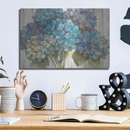 Luxe Metal Art 'Turquoise Hydrangea on Barn Board' by Albena Hristova, Metal Wall Art,16x12