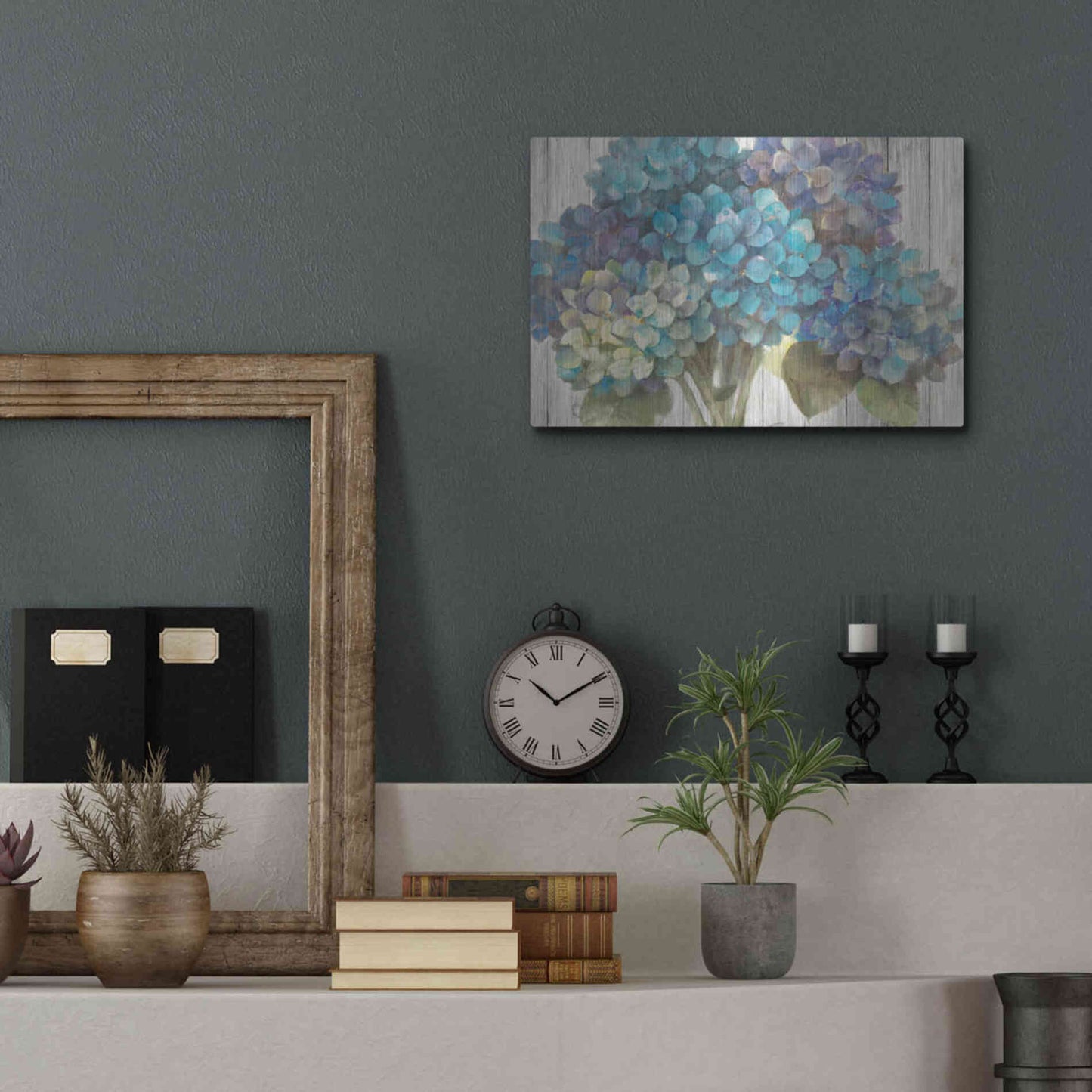 Luxe Metal Art 'Turquoise Hydrangea on Barn Board' by Albena Hristova, Metal Wall Art,16x12