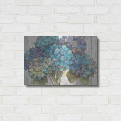 Luxe Metal Art 'Turquoise Hydrangea on Barn Board' by Albena Hristova, Metal Wall Art,24x16