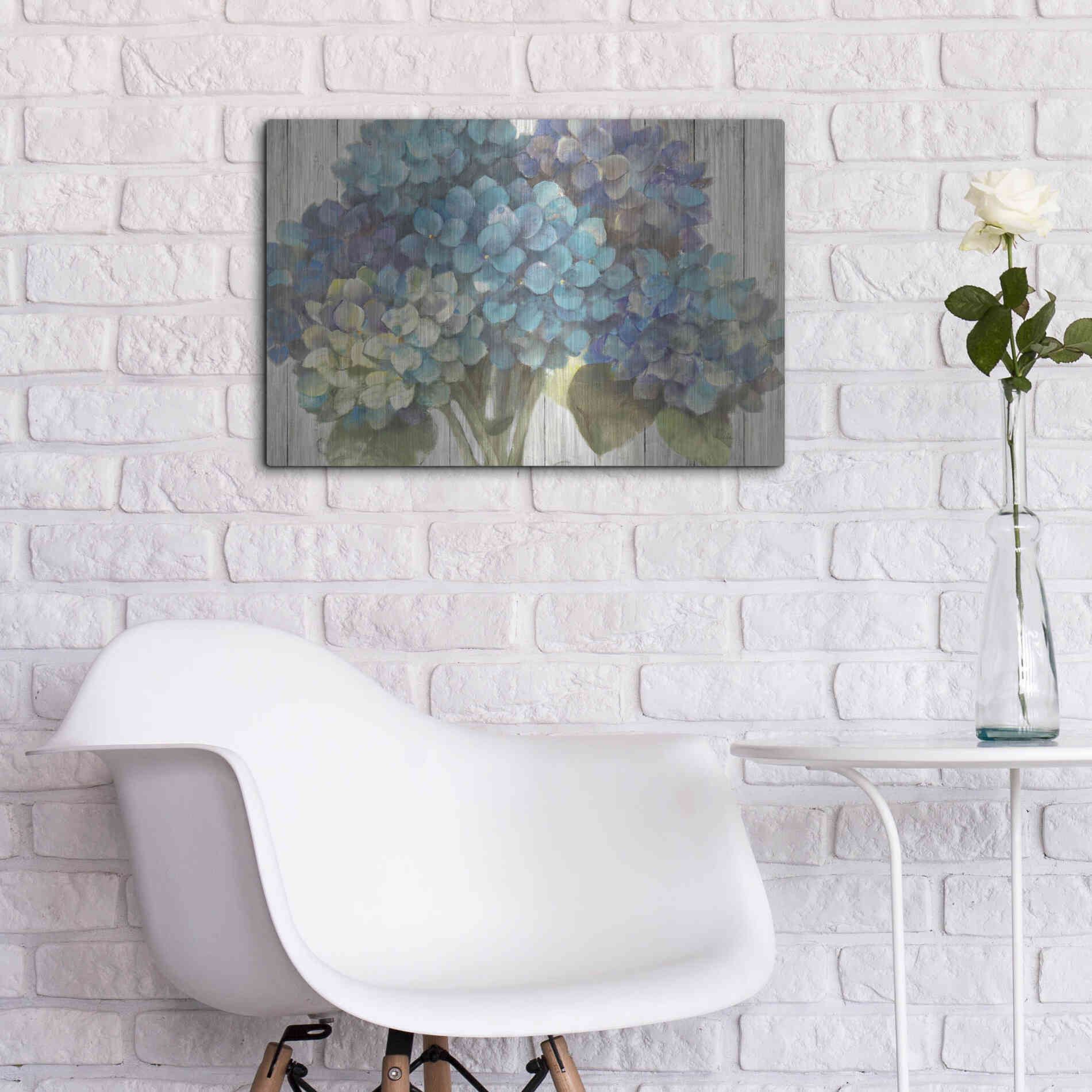 Luxe Metal Art 'Turquoise Hydrangea on Barn Board' by Albena Hristova, Metal Wall Art,24x16