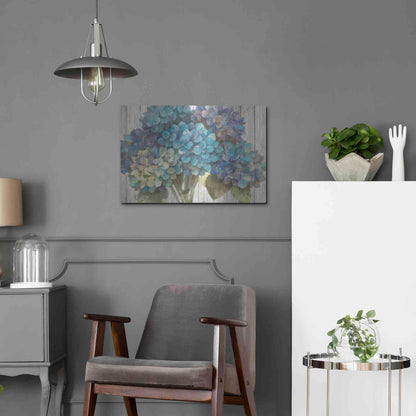 Luxe Metal Art 'Turquoise Hydrangea on Barn Board' by Albena Hristova, Metal Wall Art,24x16