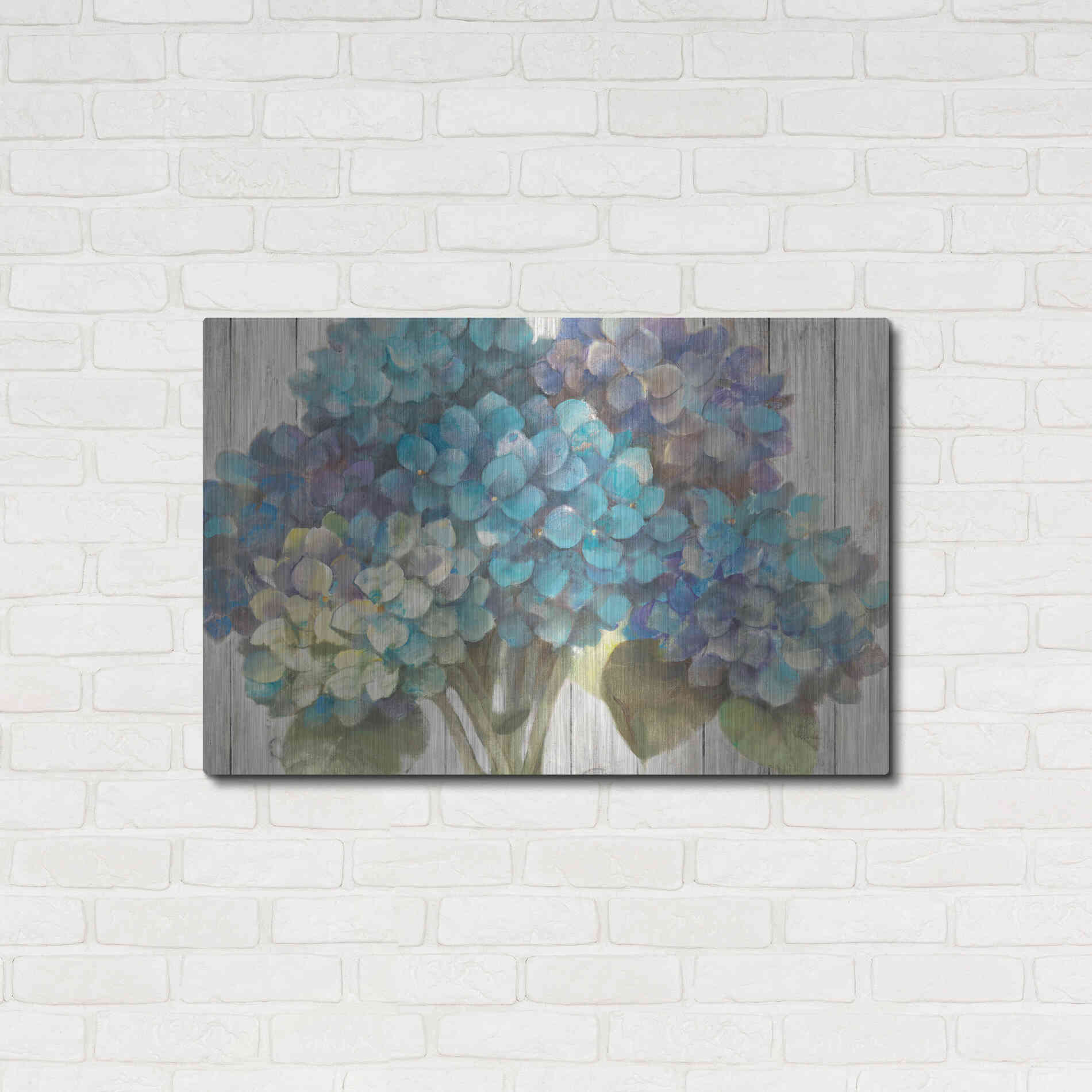 Luxe Metal Art 'Turquoise Hydrangea on Barn Board' by Albena Hristova, Metal Wall Art,36x24