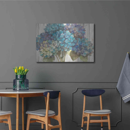 Luxe Metal Art 'Turquoise Hydrangea on Barn Board' by Albena Hristova, Metal Wall Art,36x24