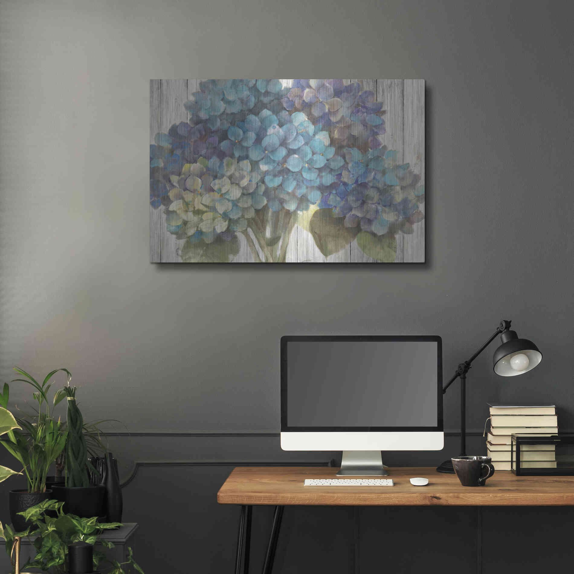 Luxe Metal Art 'Turquoise Hydrangea on Barn Board' by Albena Hristova, Metal Wall Art,36x24